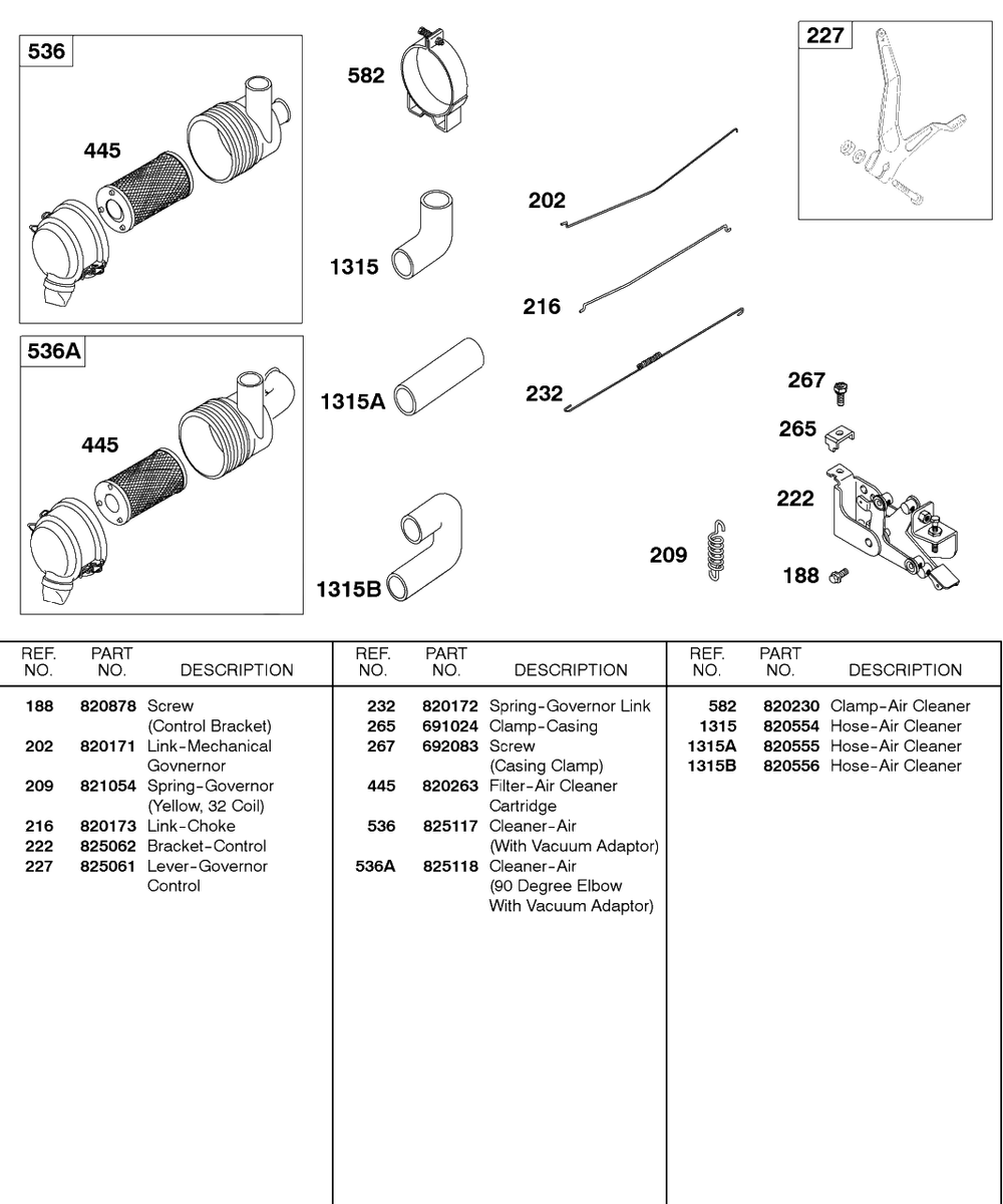 Air Cleaner, Control Bracket, Springs, Links Diagram and Parts List for 589447-0334-XX  Briggs and Stratton Engine